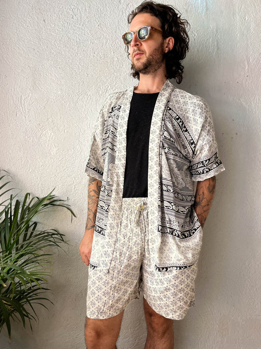 Conjunto Osaka Blanco y Negro - Camisa + Short - Kimono N.º 204